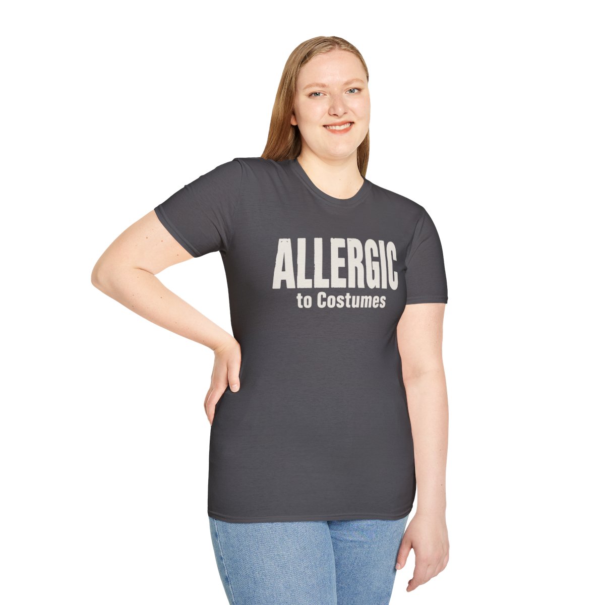 Allergic to Costumes Halloween T-Shirt in Charcoal, worn by a model (front view)