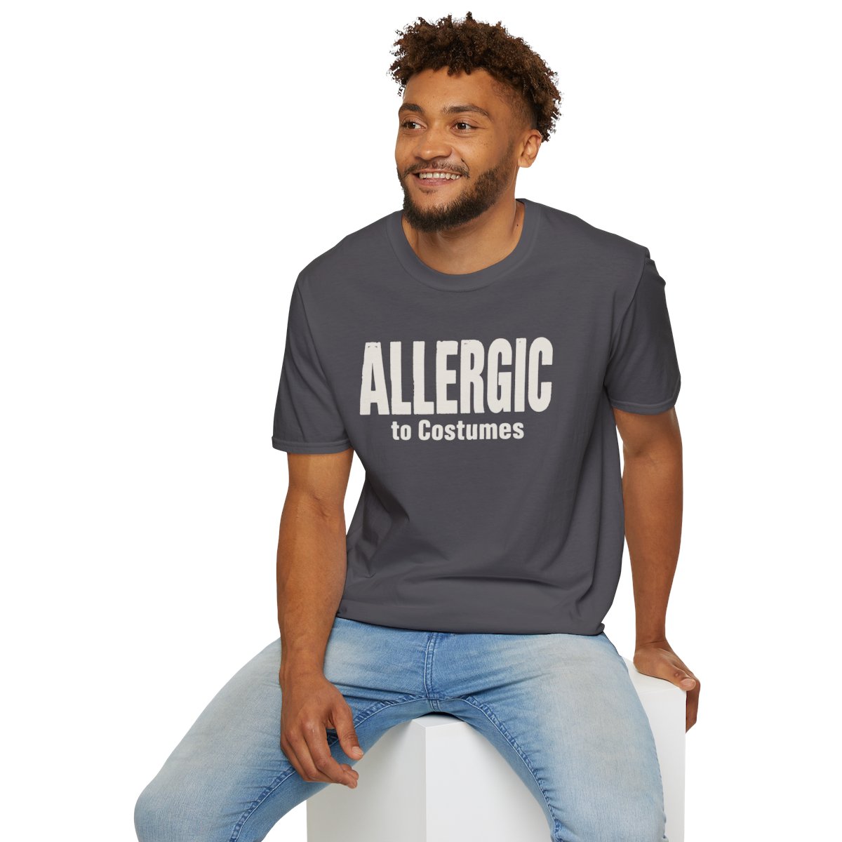 Allergic to Costumes Halloween T-Shirt in Charcoal, worn by a model (lifestyle shot)