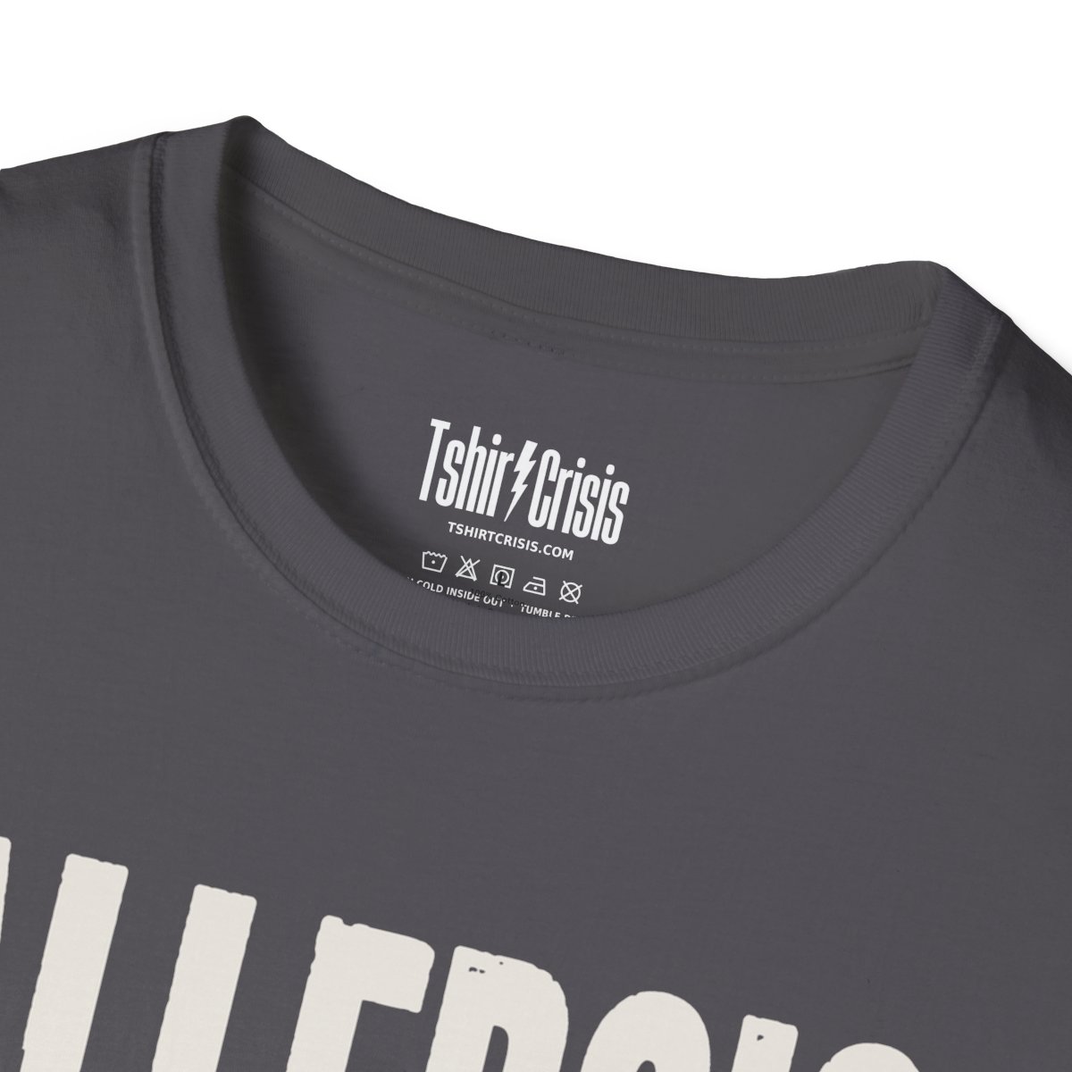 Allergic to Costumes Halloween T-Shirt in Charcoal, branded inside neck label