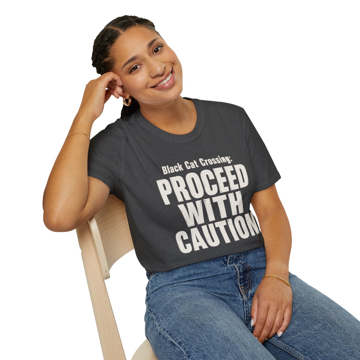 Black Cat Crossing: Proceed With Caution Halloween T-Shirt in Dark Heather, worn by a model (lifestyle shot)