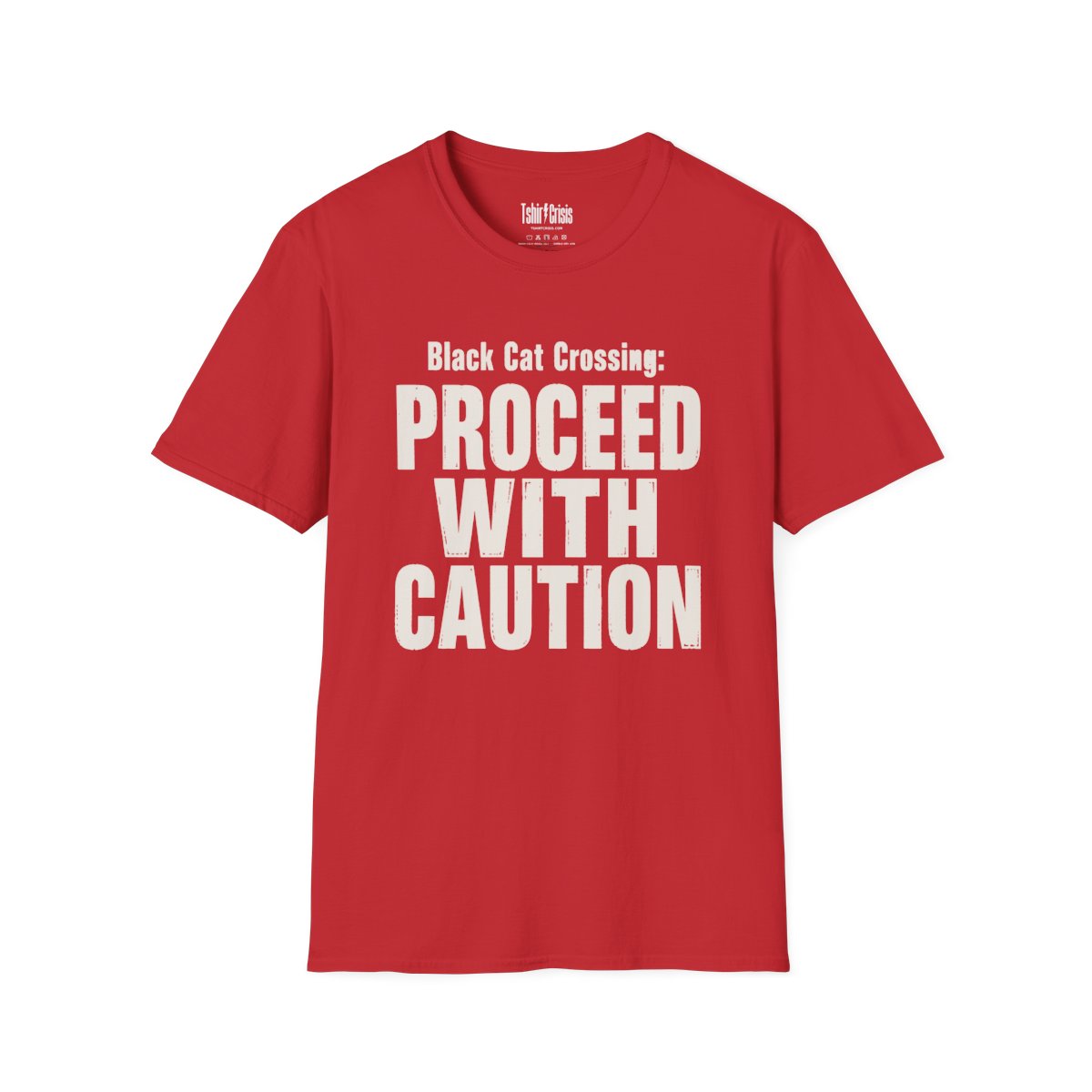 Black Cat Crossing: Proceed With Caution Halloween T-Shirt in Red