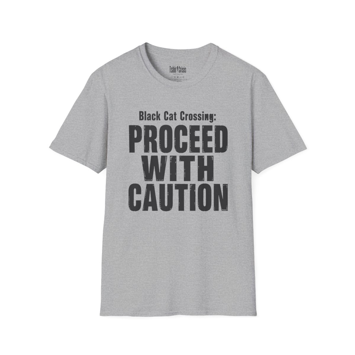 Black Cat Crossing: Proceed With Caution Halloween T-Shirt in Sport Grey