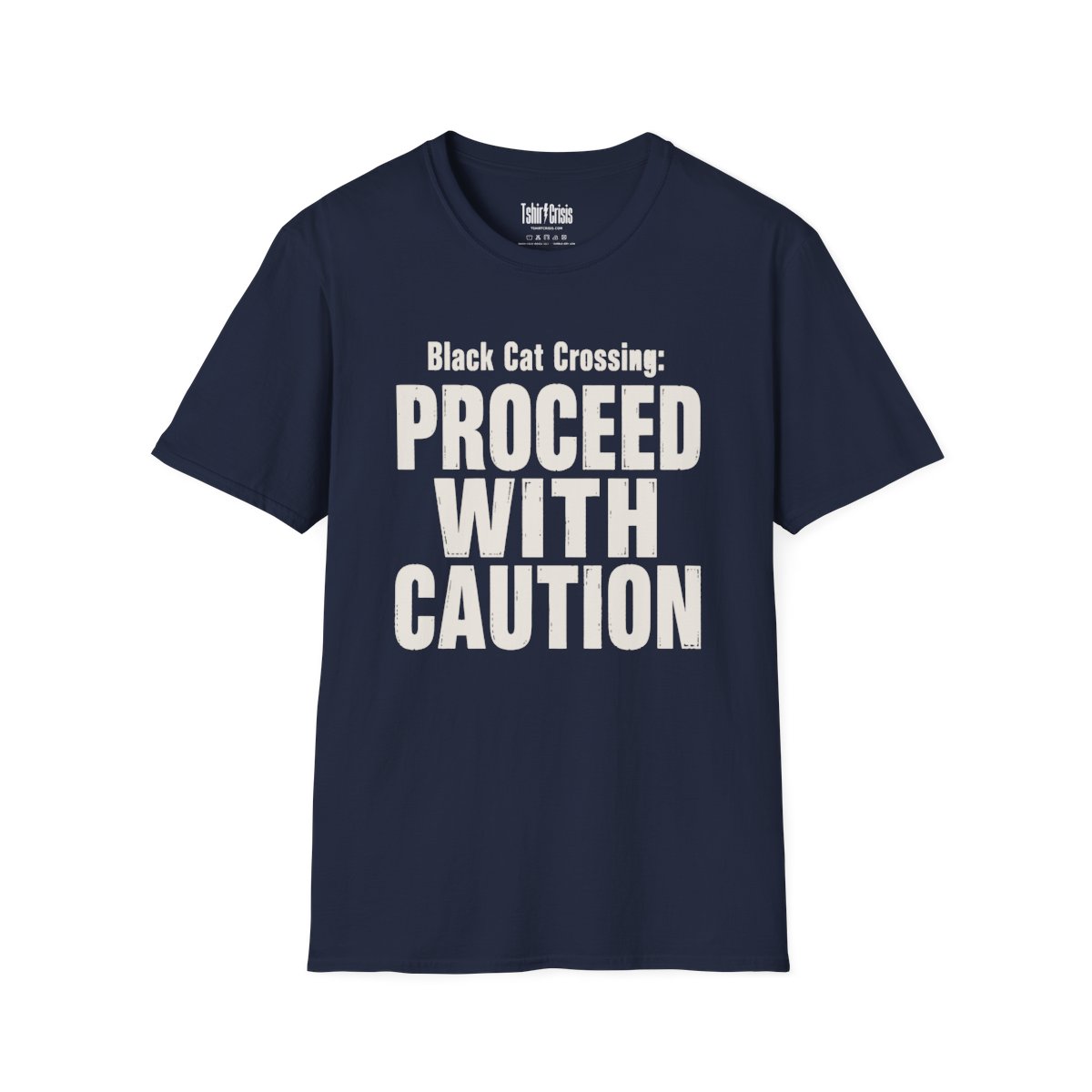 Black Cat Crossing: Proceed With Caution Halloween T-Shirt in Navy