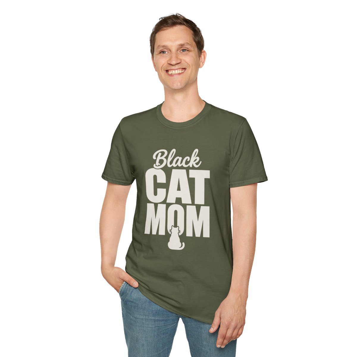 Black Cat Mom Halloween T-Shirt in Military Green, worn by a model (front view)
