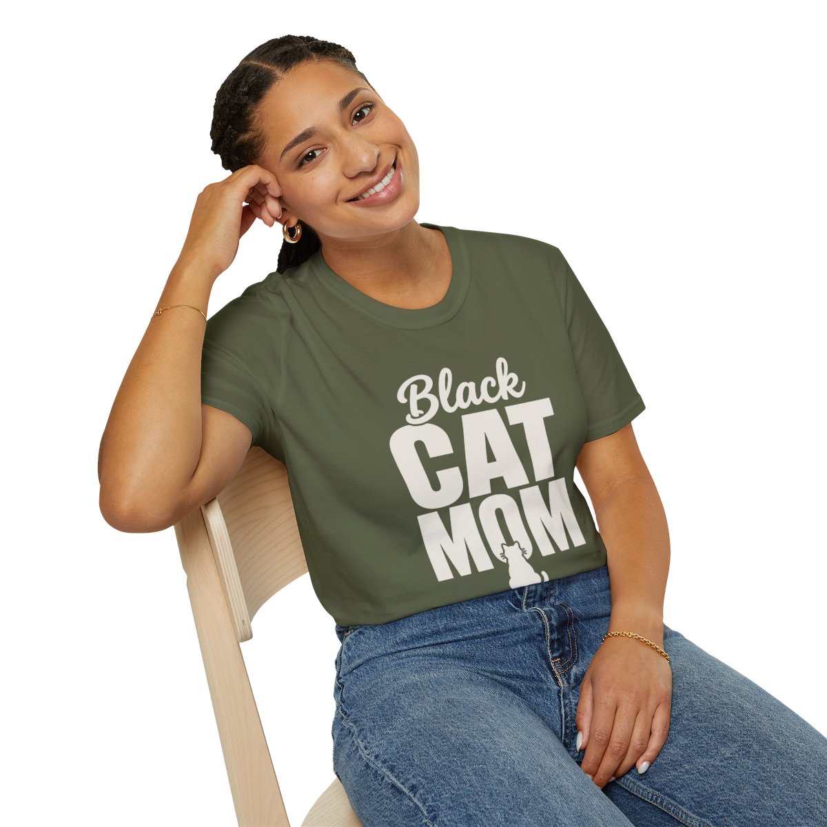Black Cat Mom Halloween T-Shirt in Military Green, worn by a model (lifestyle shot)
