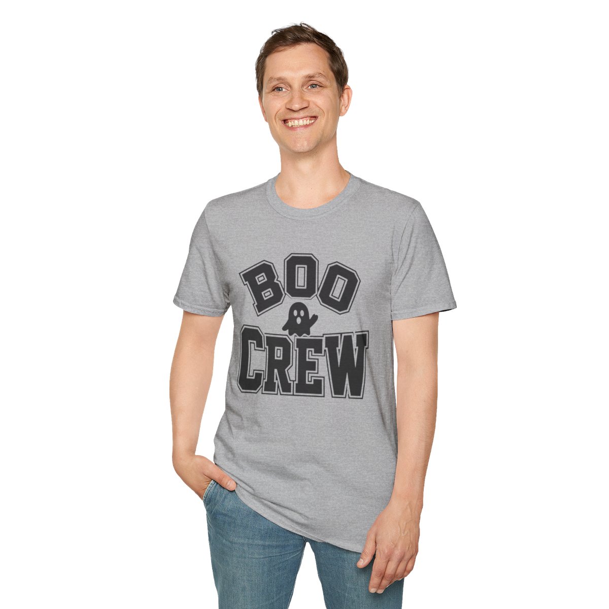 Boo Crew Halloween T-Shirt in Sport Grey, worn by a model (front view)