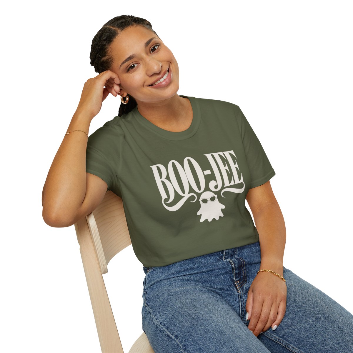 Boo-jee Halloween T-Shirt in Military Green, worn by a model (lifestyle shot)
