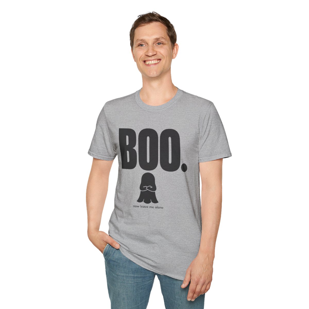 Boo. Now Leave Me Alone Halloween T-Shirt in Sport Grey, worn by a model (front view)
