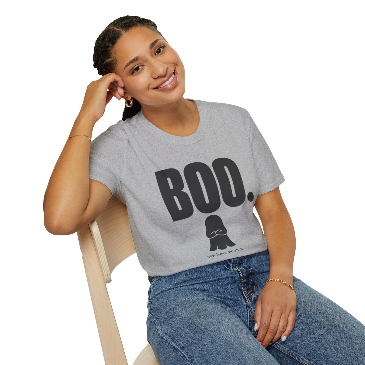 Boo. Now Leave Me Alone Halloween T-Shirt in Sport Grey, worn by a model (lifestyle shot)