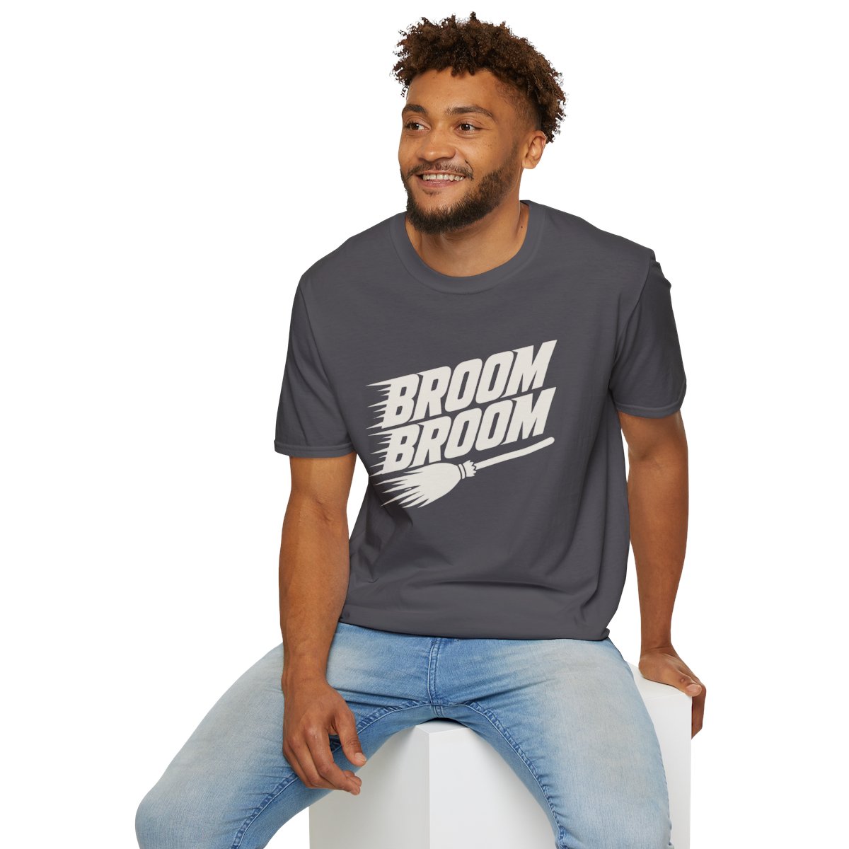 Broom Broom Halloween T-Shirt in Charcoal, worn by a model (lifestyle shot)