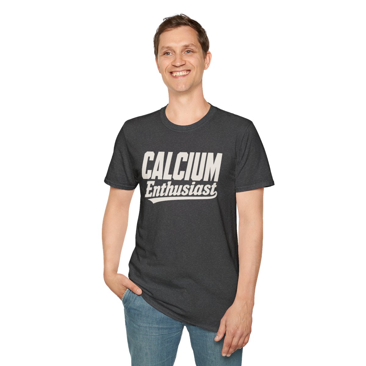 Calcium Enthusiast Halloween T-Shirt in Dark Heather, worn by a model (front view)