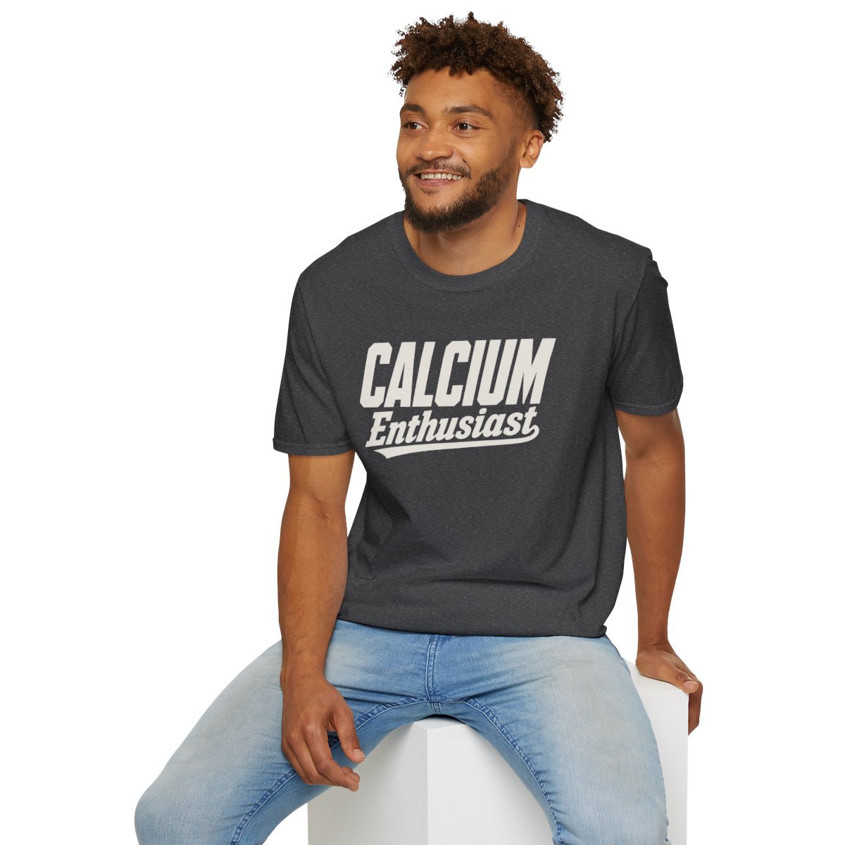 Calcium Enthusiast Halloween T-Shirt in Dark Heather, worn by a model (lifestyle shot)