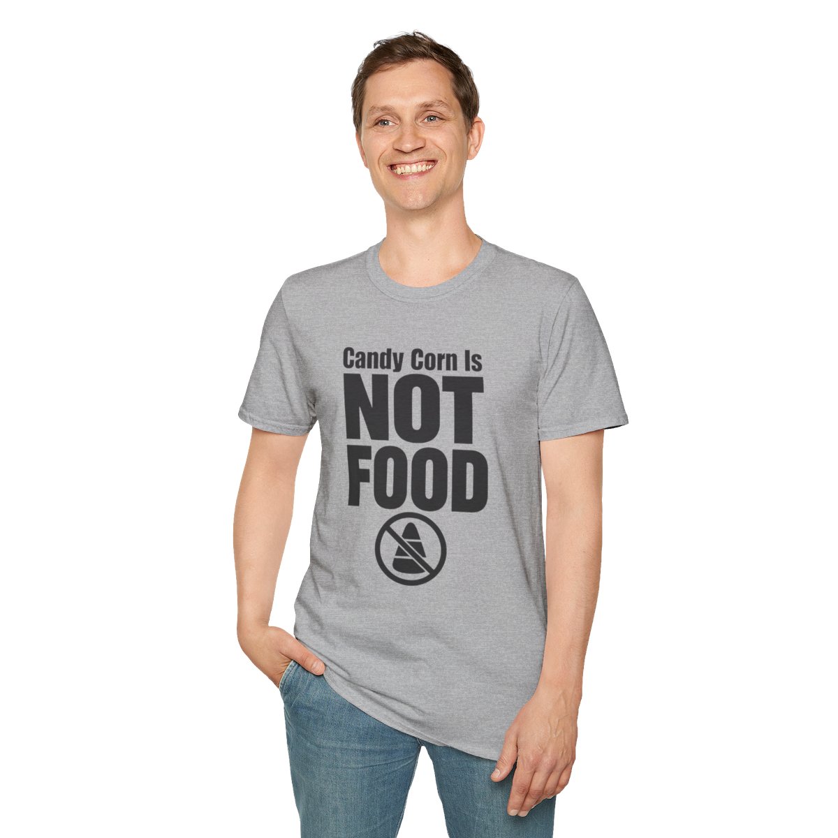 Candy Corn Is Not Food Halloween T-Shirt in Sport Grey, worn by a model (front view)