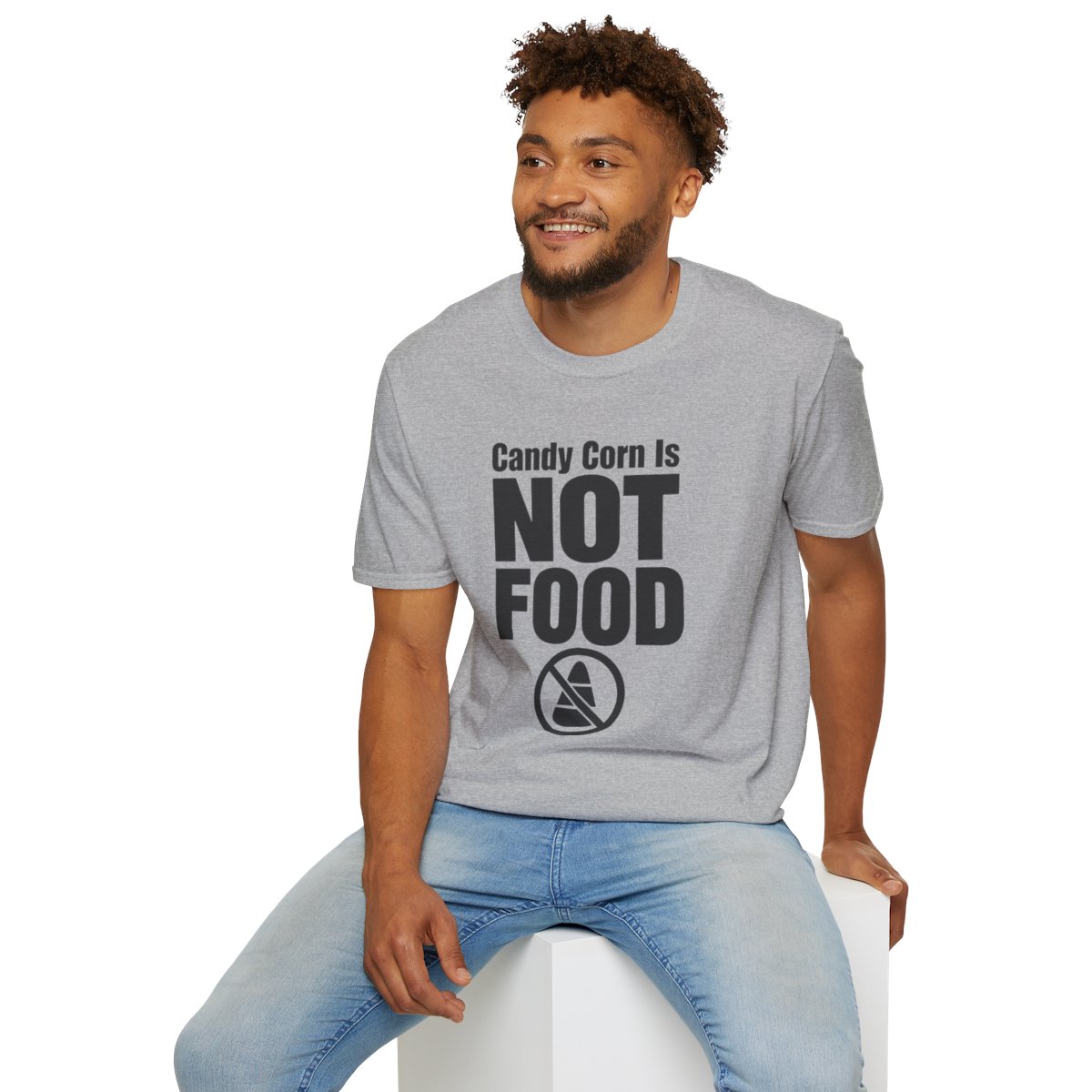 Candy Corn Is Not Food Halloween T-Shirt in Sport Grey, worn by a model (lifestyle shot)