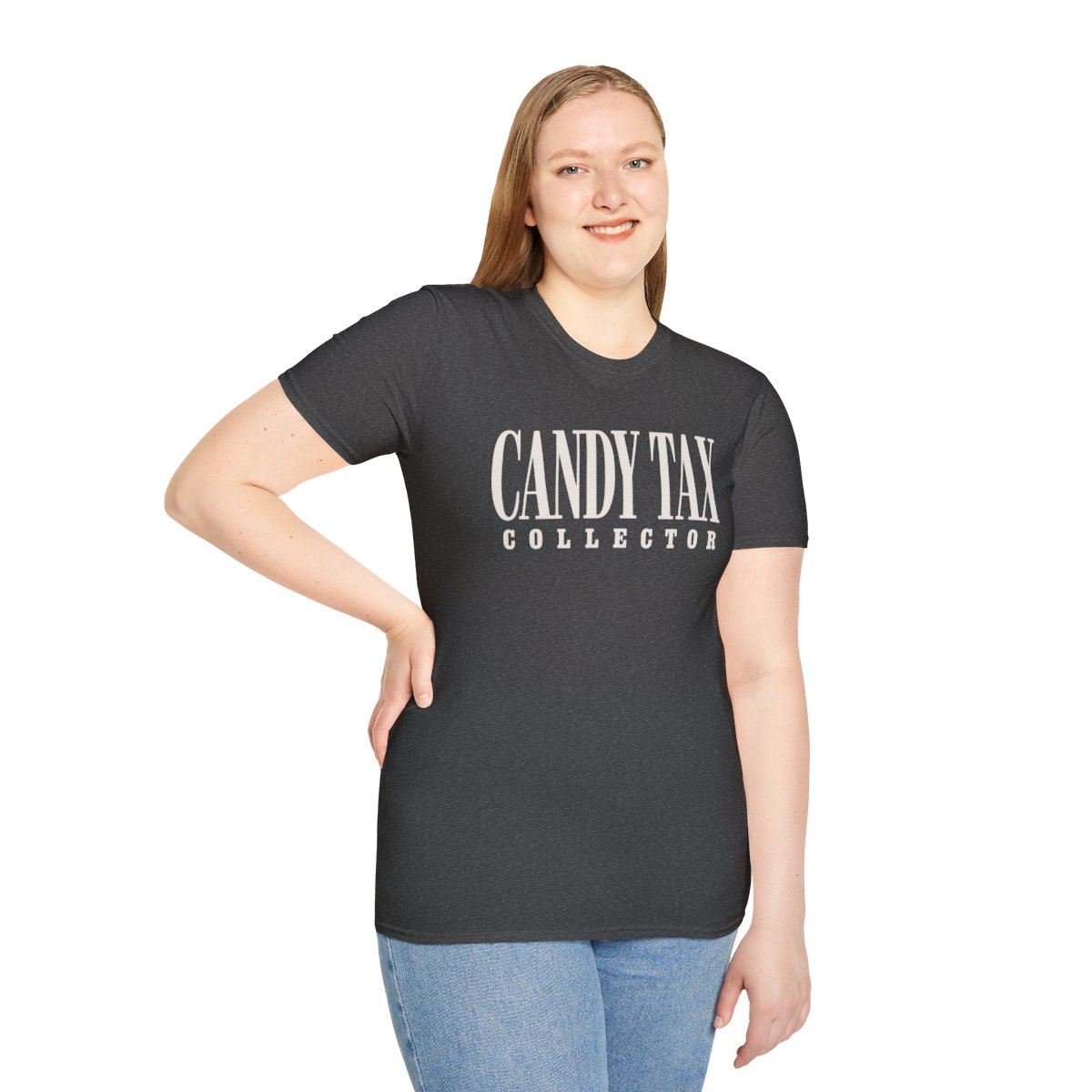 Candy Tax Collector Halloween T-Shirt in Dark Heather, worn by a model (front view)