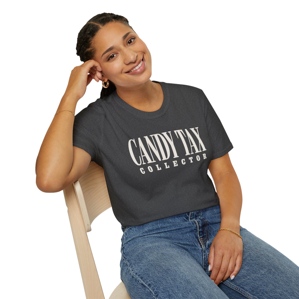 Candy Tax Collector Halloween T-Shirt in Dark Heather, worn by a model (lifestyle shot)