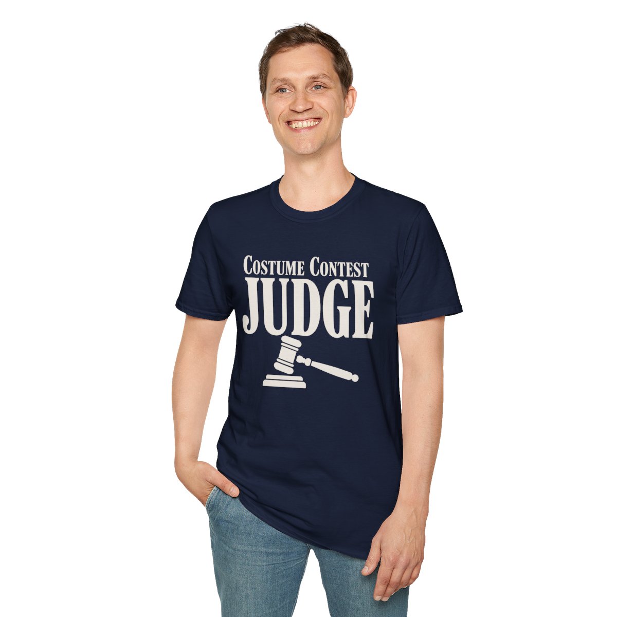 Costume Contest Judge Halloween T-Shirt in Navy, worn by a model (front view)