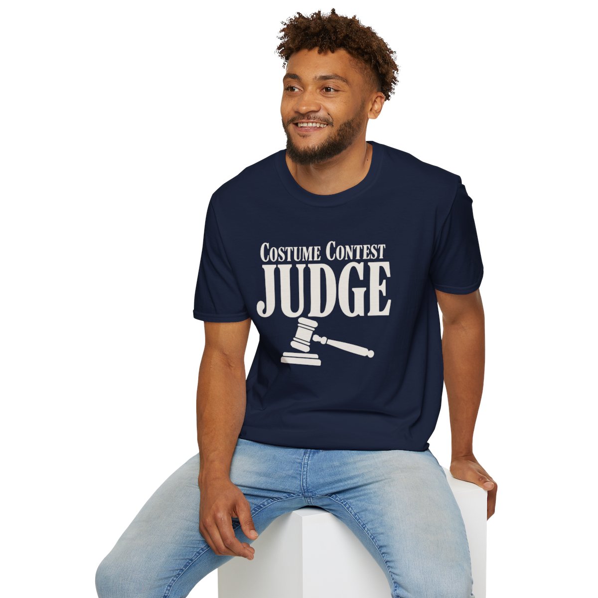 Costume Contest Judge Halloween T-Shirt in Navy, worn by a model (lifestyle shot)
