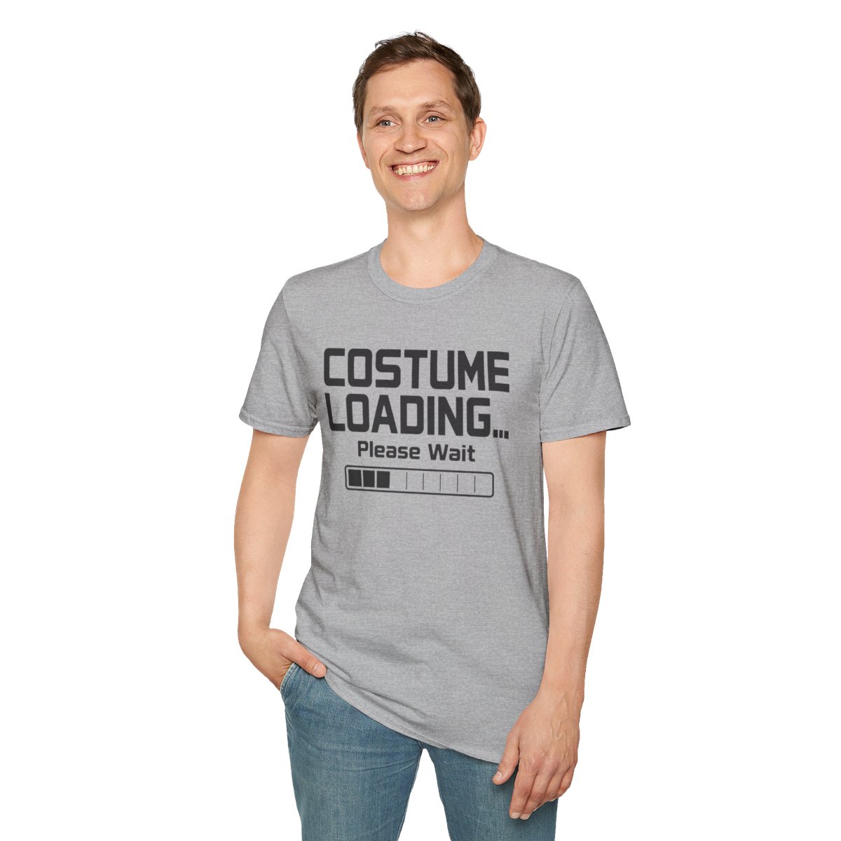 Costume Loading... Please Wait Halloween T-Shirt in Sport Grey, worn by a model (front view)
