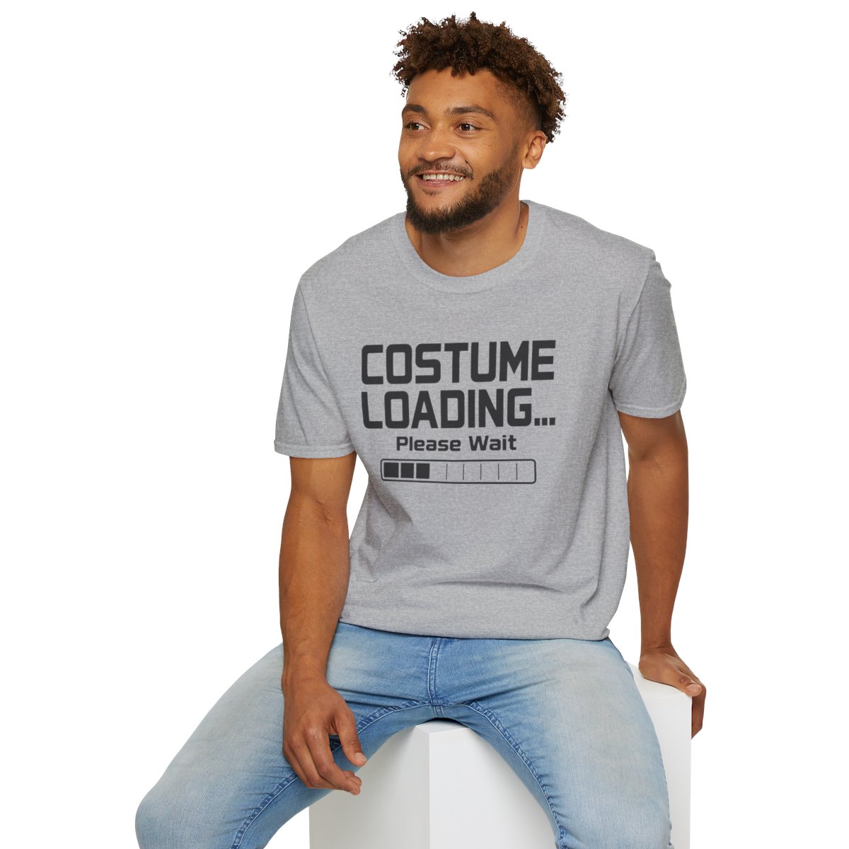Costume Loading... Please Wait Halloween T-Shirt in Sport Grey, worn by a model (lifestyle shot)
