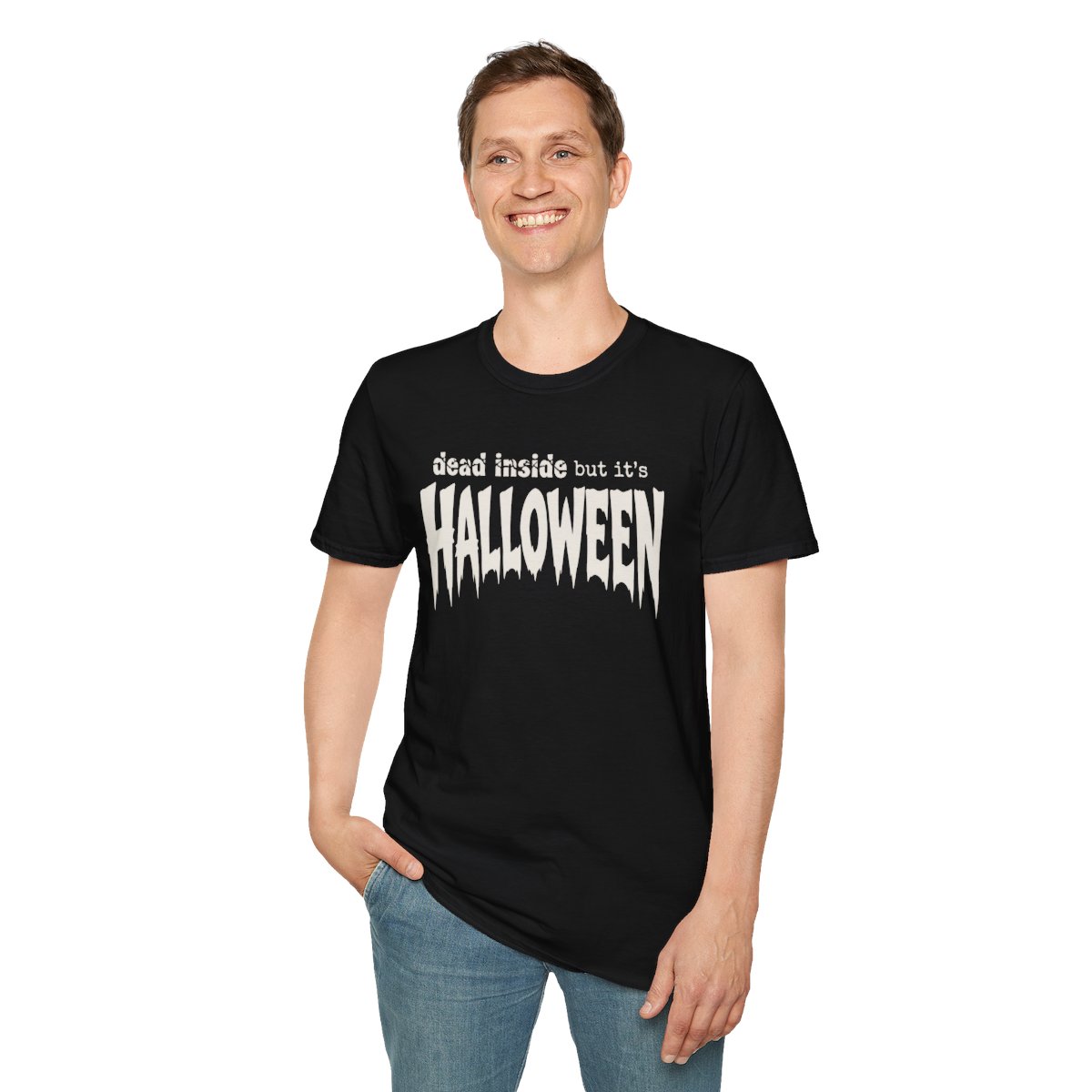 Dead Inside But It's Halloween T-Shirt in Black, worn by a model (front view)