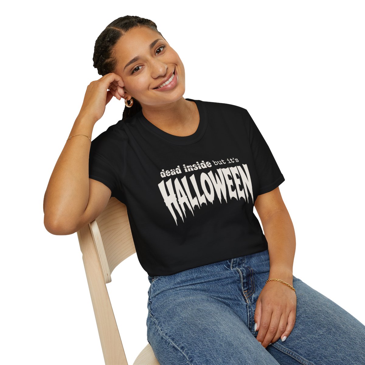 Dead Inside But It's Halloween T-Shirt in Black, worn by a model (lifestyle shot)