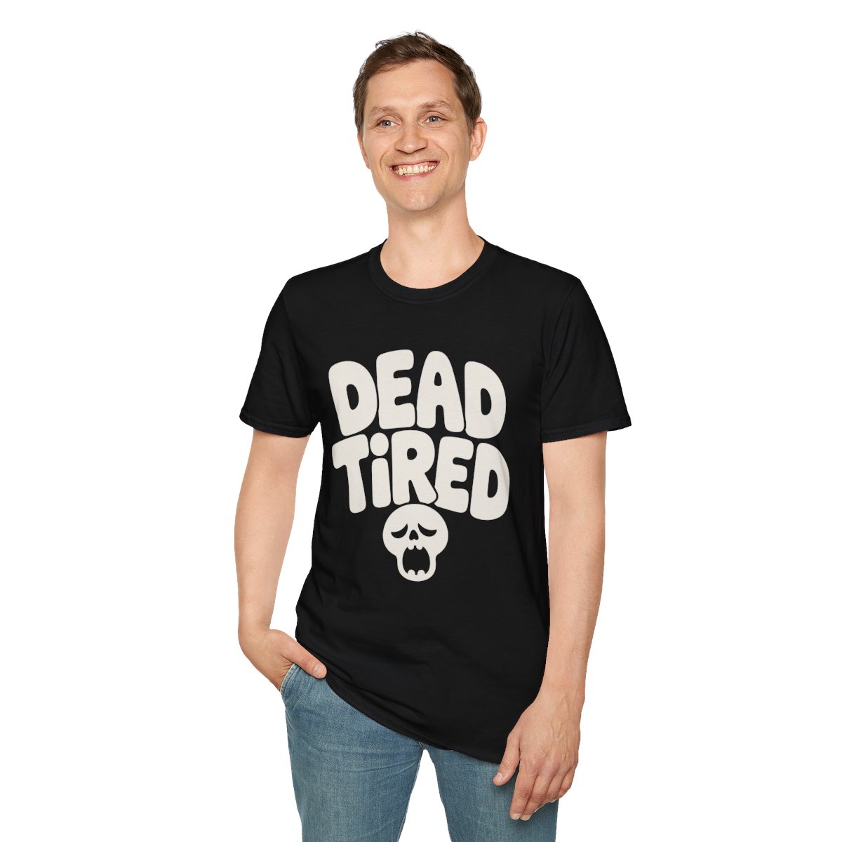 Dead Tired Halloween T-Shirt in Black, worn by a model (front view)