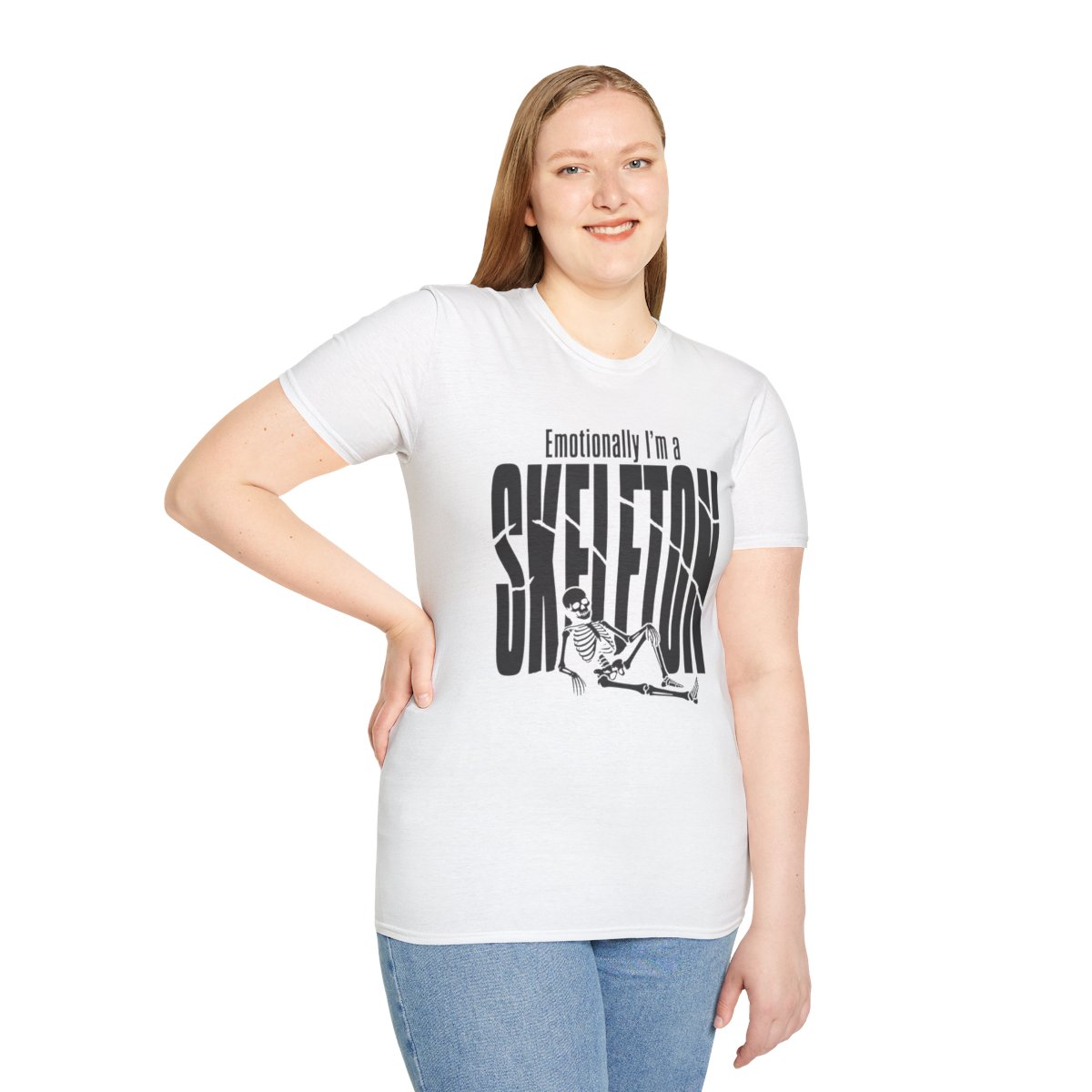 Emotionally I'm a Skeleton Halloween T-Shirt in White, worn by a model (front view)
