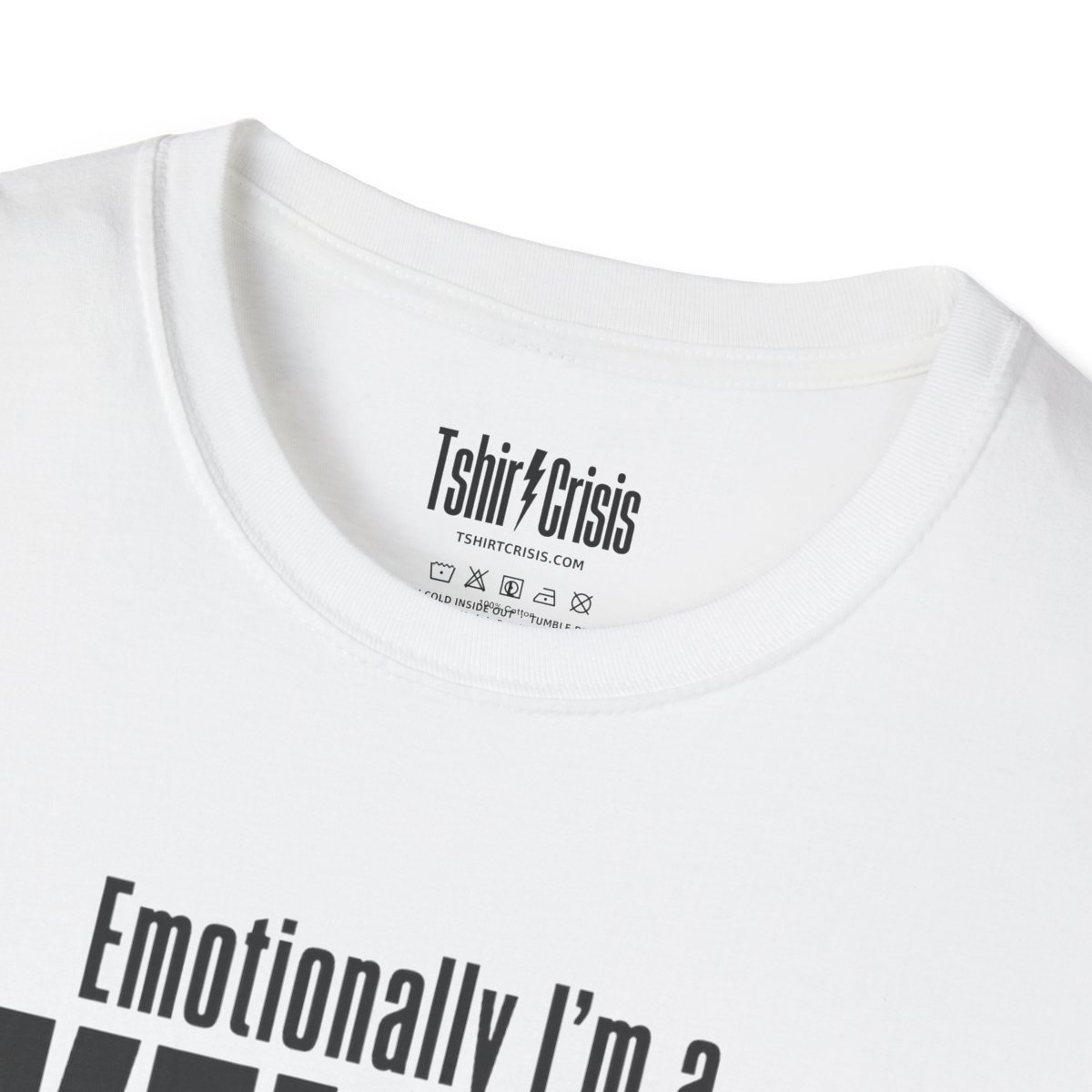 Emotionally I'm a Skeleton Halloween T-Shirt in White, branded inside neck label