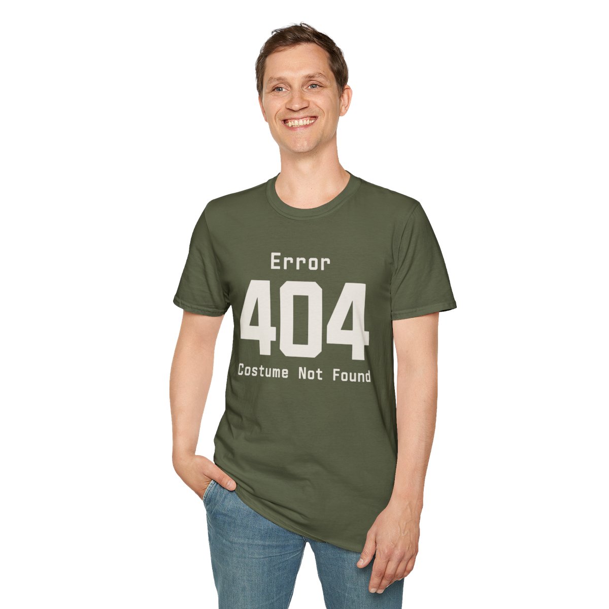 Error 404: Costume Not Found Halloween T-Shirt in Military Green, worn by a model (front view)