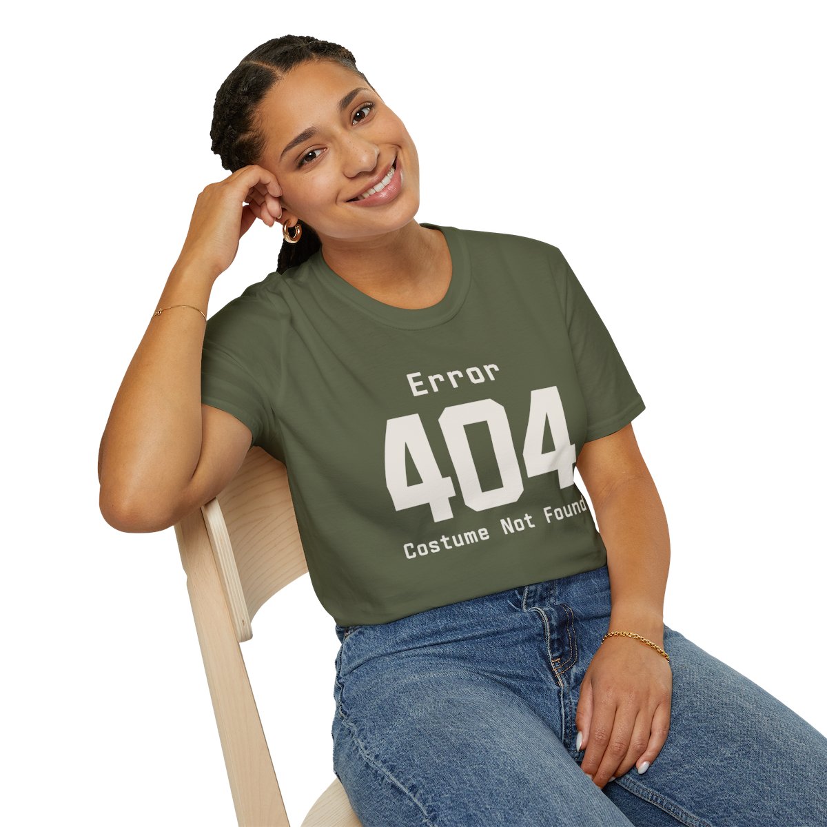 Error 404: Costume Not Found Halloween T-Shirt in Military Green, worn by a model (lifestyle shot)
