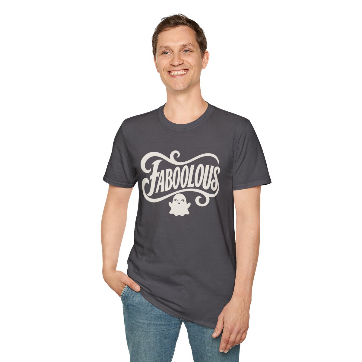 Faboolous Halloween T-Shirt in Charcoal, worn by a model (front view)