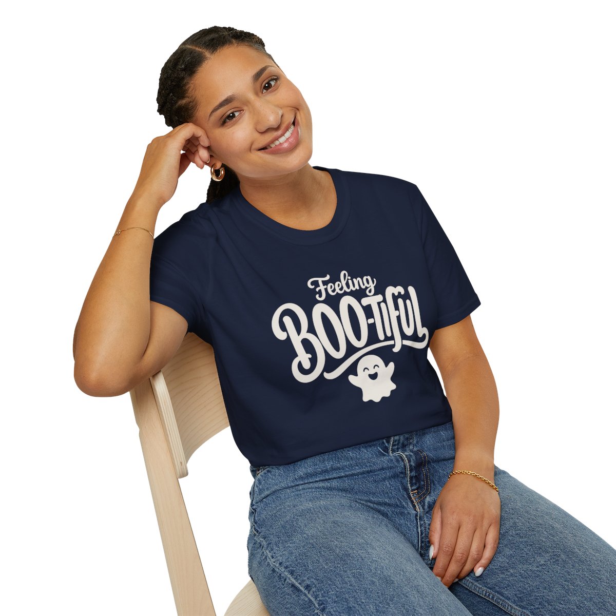 Feeling Boo-tiful Halloween T-Shirt in Navy, worn by a model (lifestyle shot)