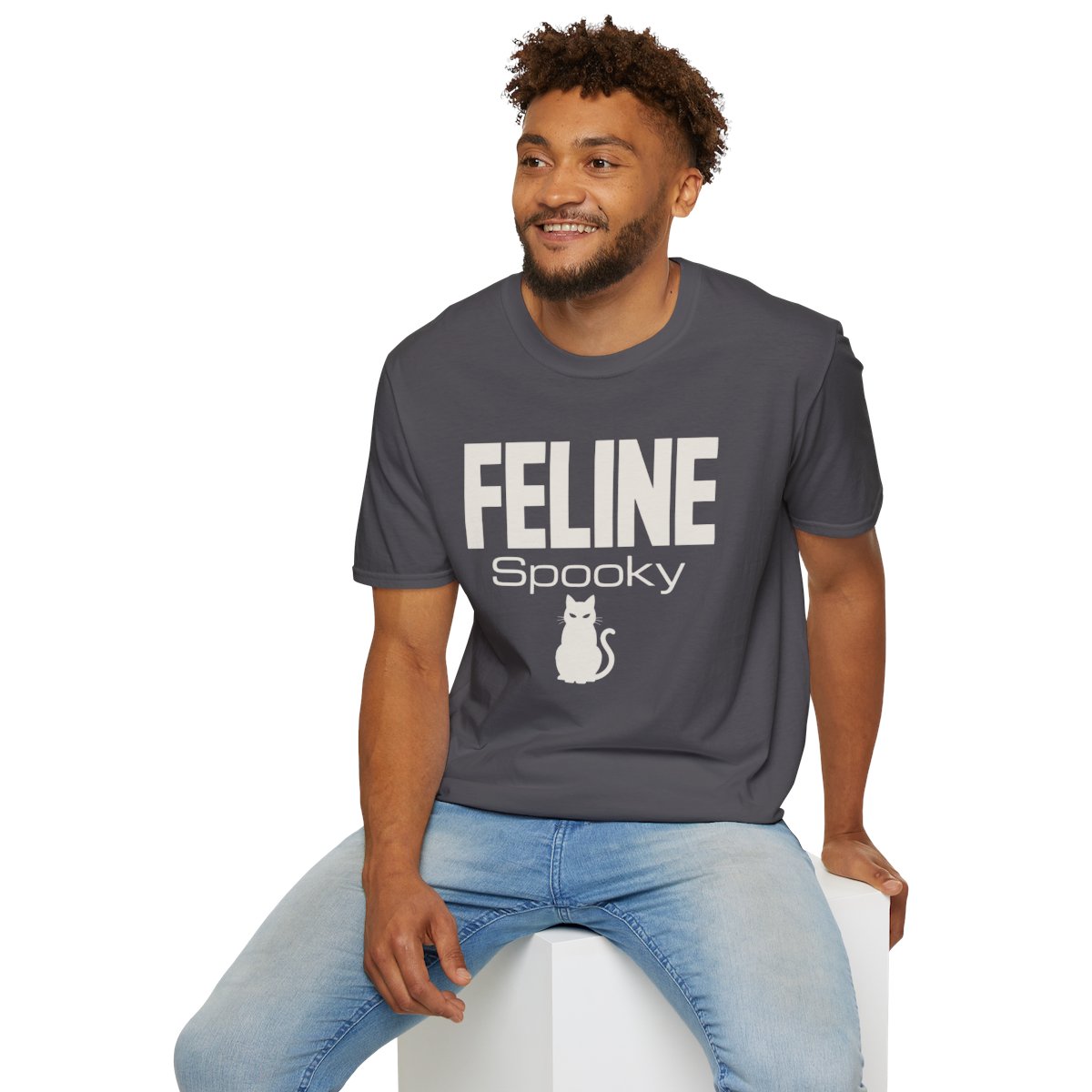 Feline Spooky Halloween T-Shirt in Charcoal, worn by a model (lifestyle shot)