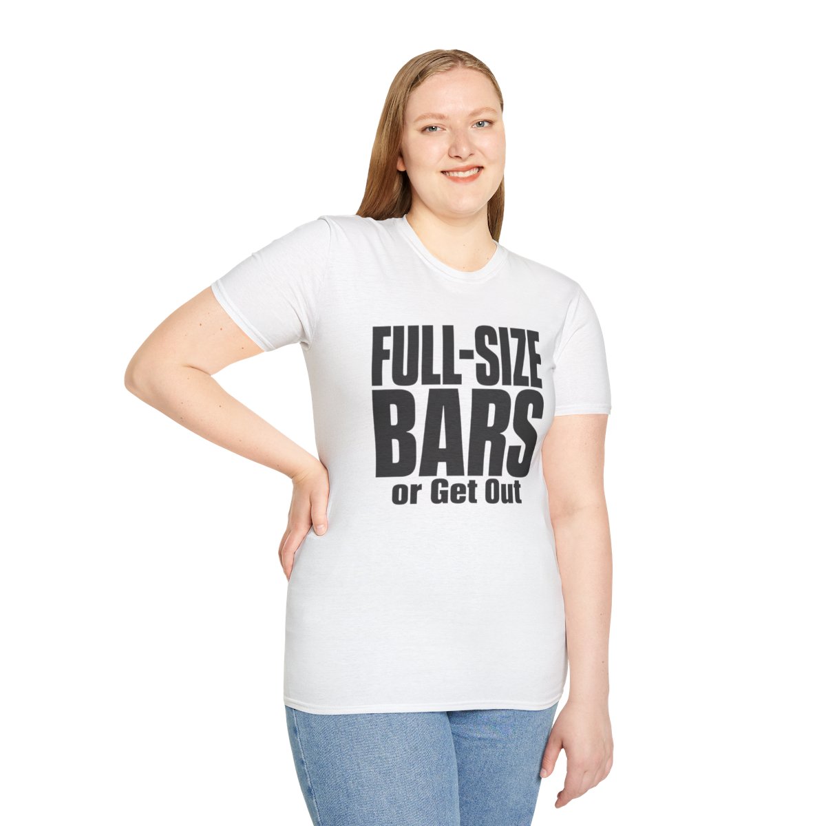 Full-Size Bars or Get Out Halloween T-Shirt in White, worn by a model (front view)