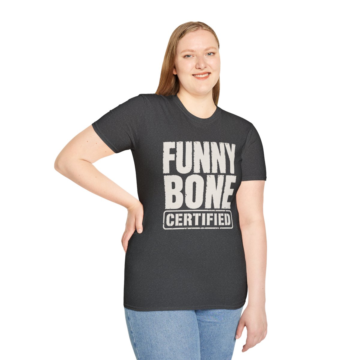 Funny Bone Certified Halloween T-Shirt in Dark Heather, worn by a model (front view)