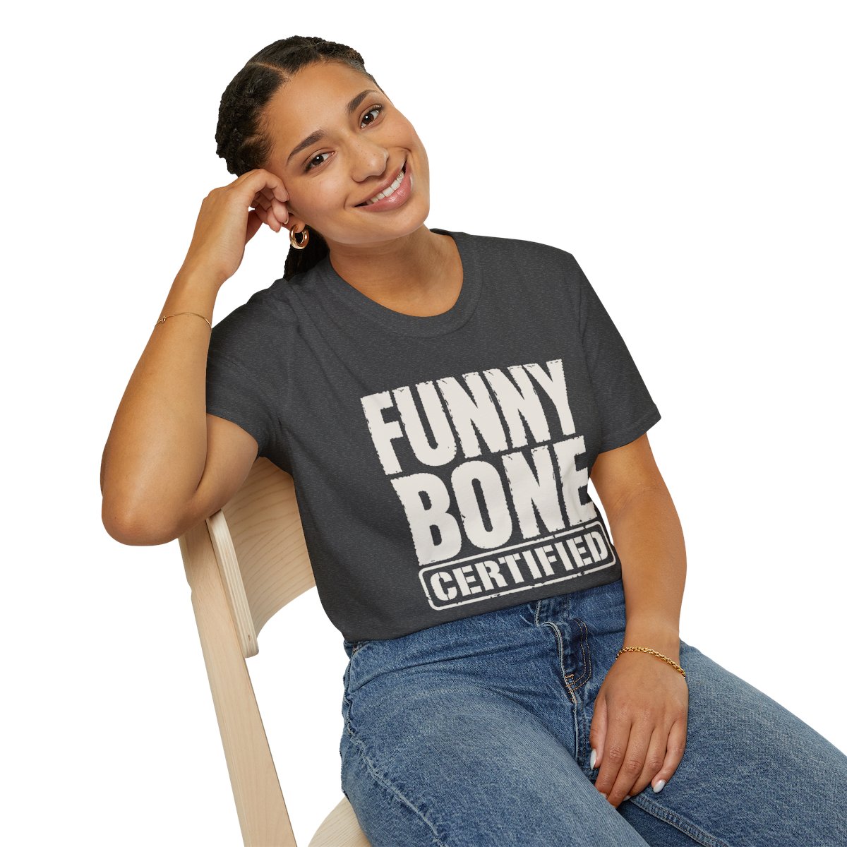 Funny Bone Certified Halloween T-Shirt in Dark Heather, worn by a model (lifestyle shot)