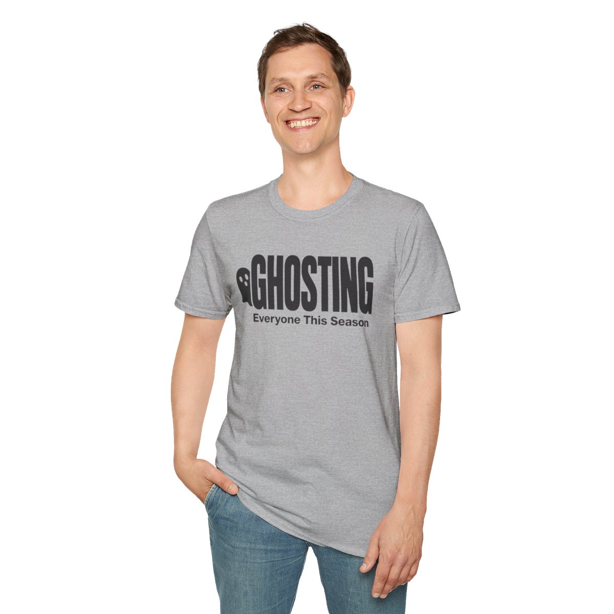 Ghosting Everyone This Season Halloween T-Shirt in Sport Grey, worn by a model (front view)