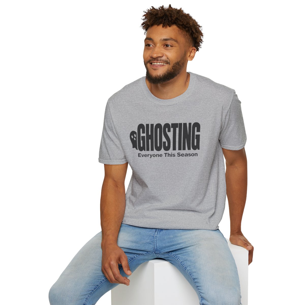 Ghosting Everyone This Season Halloween T-Shirt in Sport Grey, worn by a model (lifestyle shot)