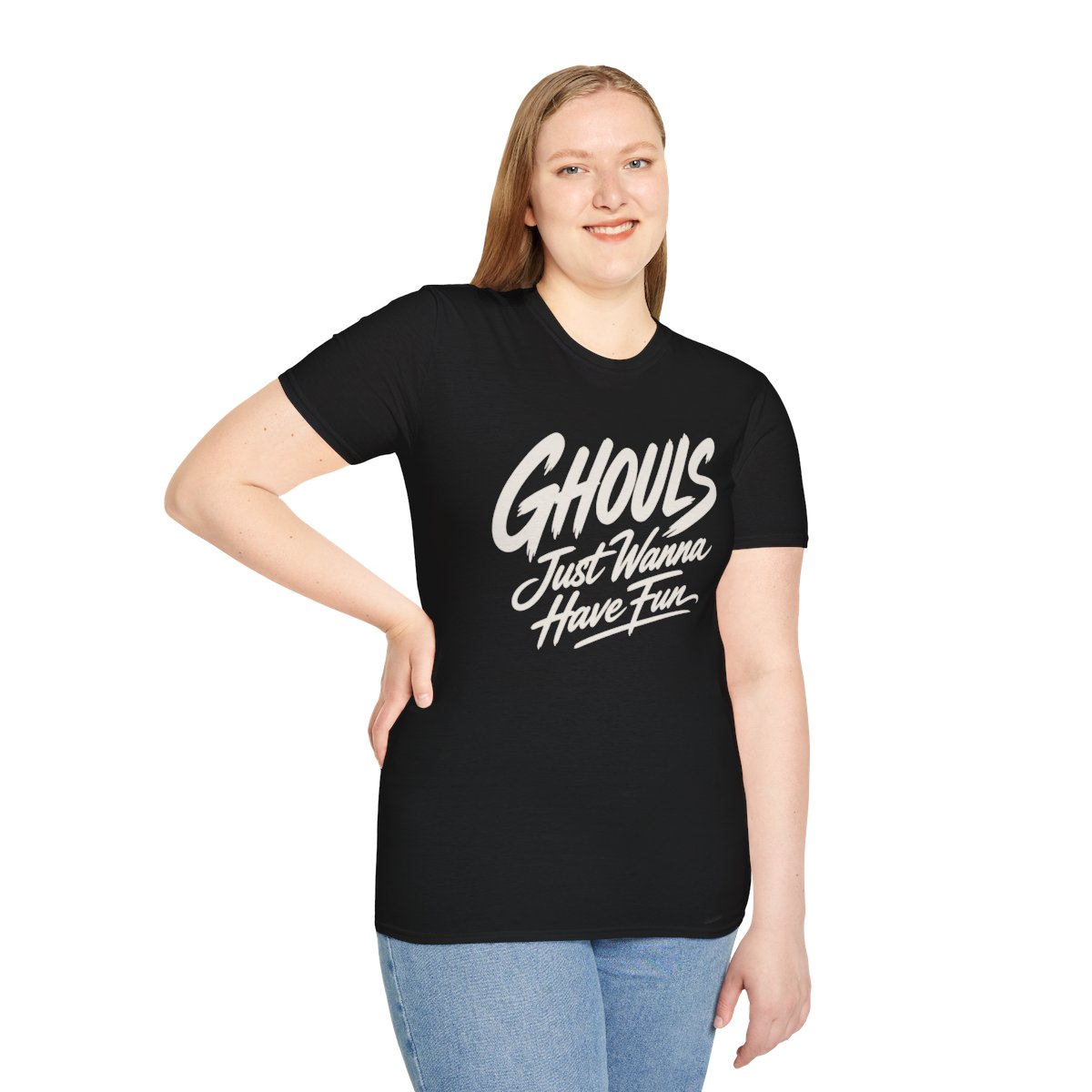 Ghouls Just Wanna Have Fun Halloween T-Shirt in Black, worn by a model (front view)