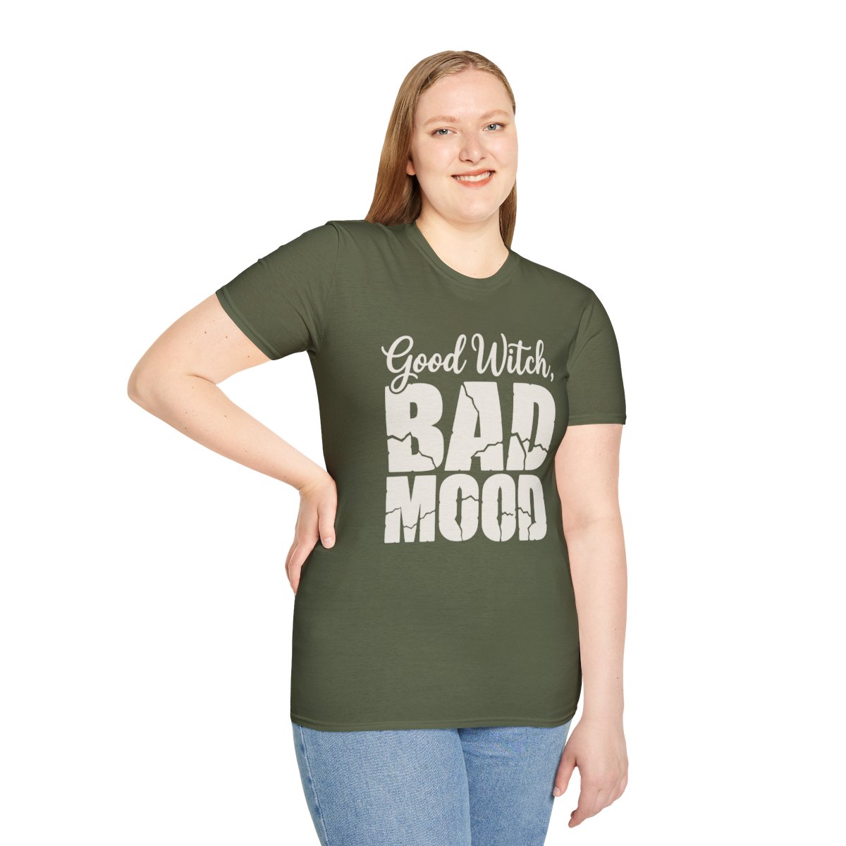 Good Witch, Bad Mood Halloween T-Shirt in Military Green, worn by a model (front view)