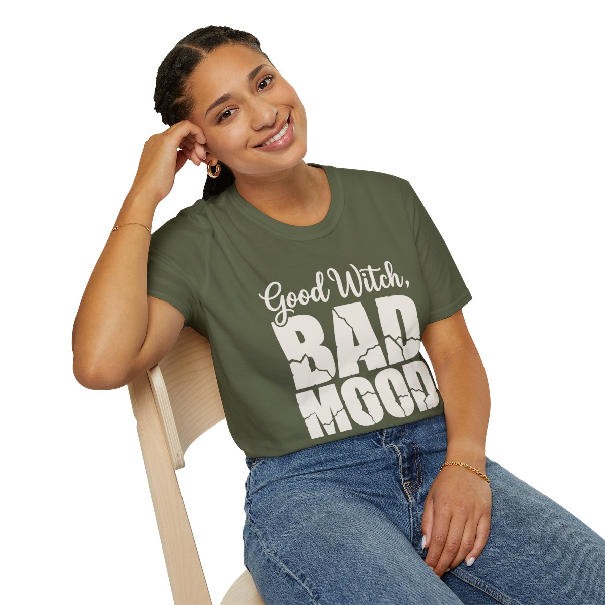 Good Witch, Bad Mood Halloween T-Shirt in Military Green, worn by a model (lifestyle shot)