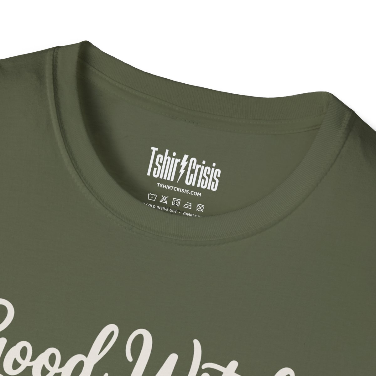 Good Witch, Bad Mood Halloween T-Shirt in Military Green, branded inside neck label