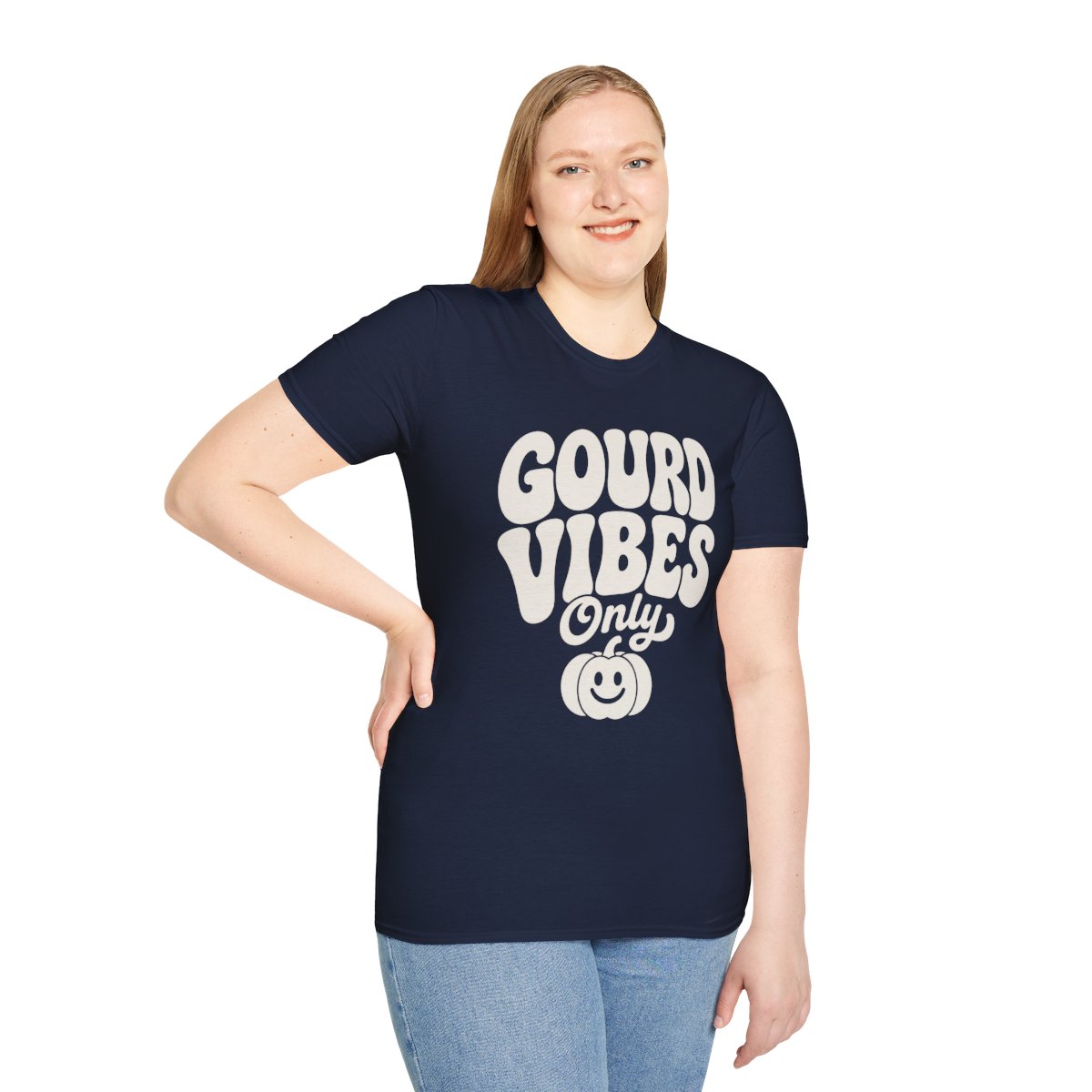 Gourd Vibes Only Halloween T-Shirt in Navy, worn by a model (front view)