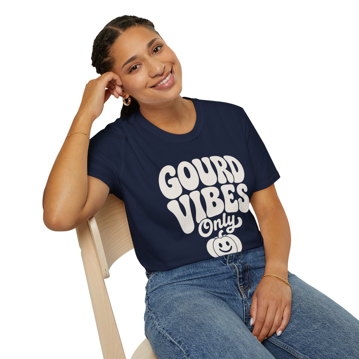 Gourd Vibes Only Halloween T-Shirt in Navy, worn by a model (lifestyle shot)