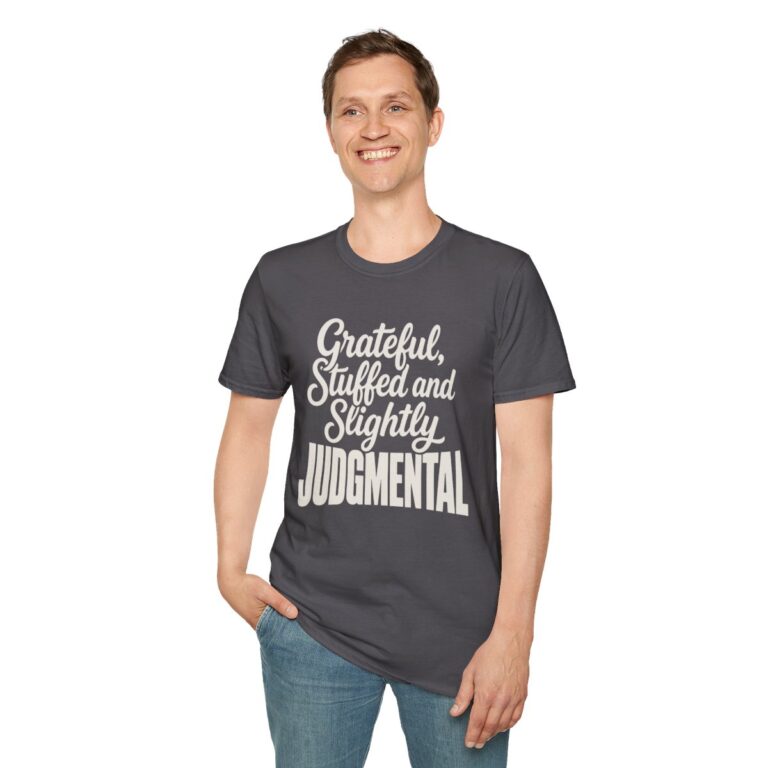 Grateful, Stuffed and Slightly Judgmental Thanksgiving T-Shirt in Charcoal, worn by a model (front view)