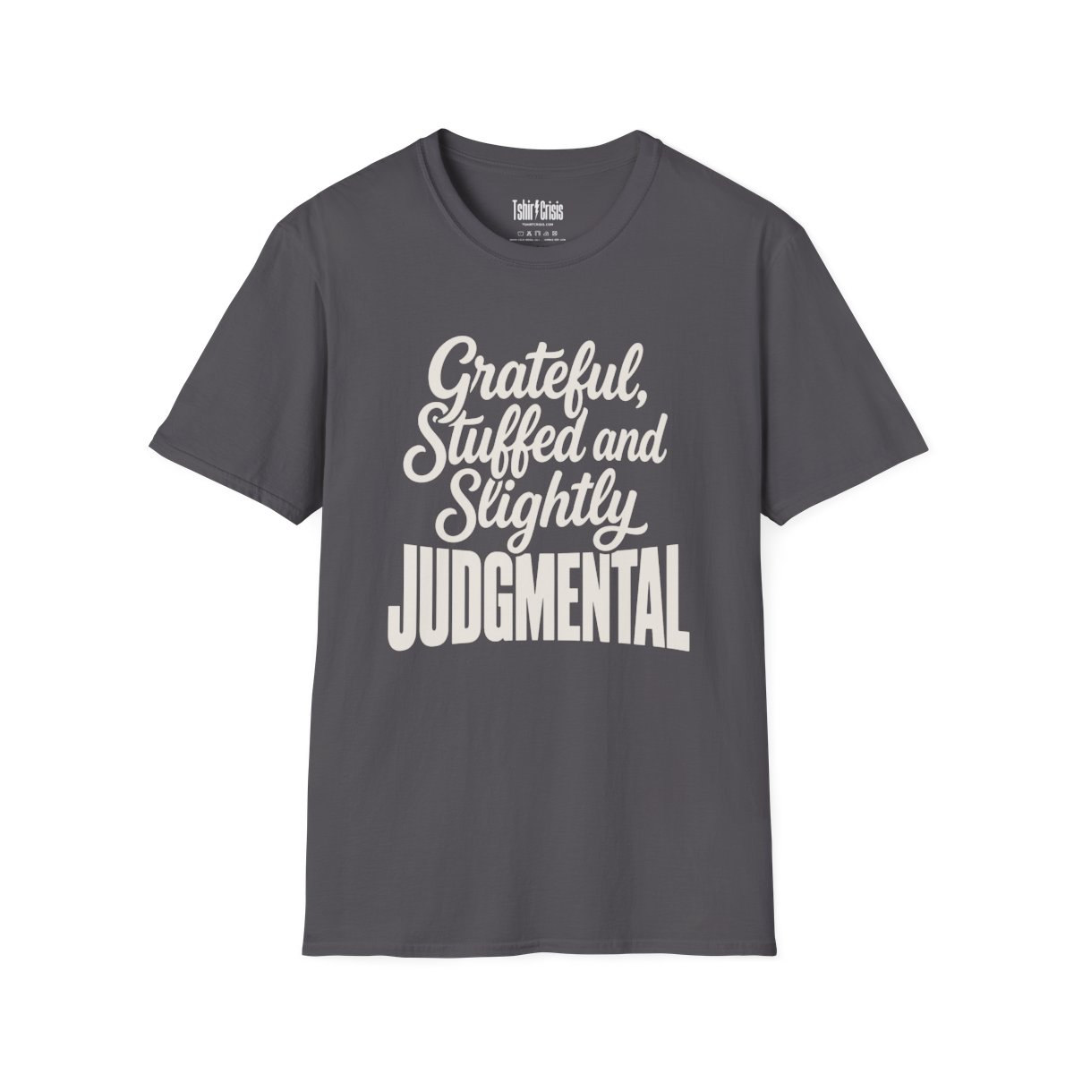 Grateful, Stuffed and Slightly Judgmental Thanksgiving T-Shirt in Charcoal