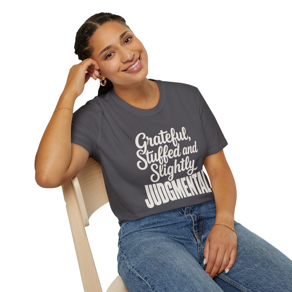 Grateful, Stuffed and Slightly Judgmental Thanksgiving T-Shirt in Charcoal, worn by a model (lifestyle shot)