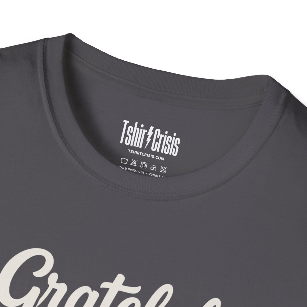 Grateful, Stuffed and Slightly Judgmental Thanksgiving T-Shirt in Charcoal, branded inside neck label