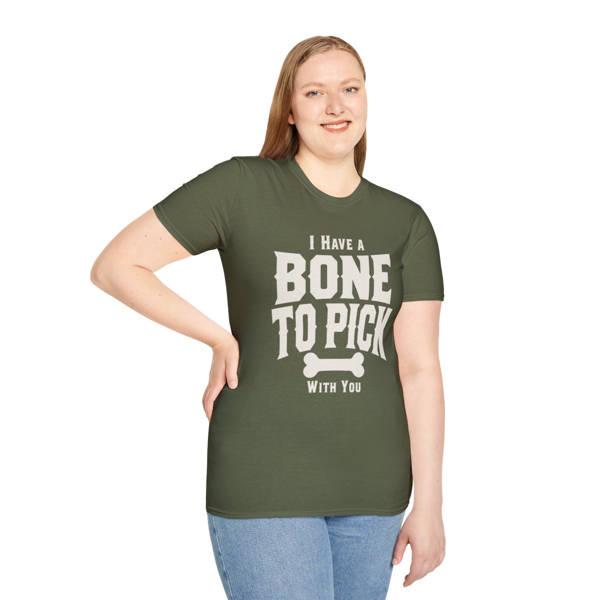 I Have a Bone to Pick With You Halloween T-Shirt in Military Green, worn by a model (front view)